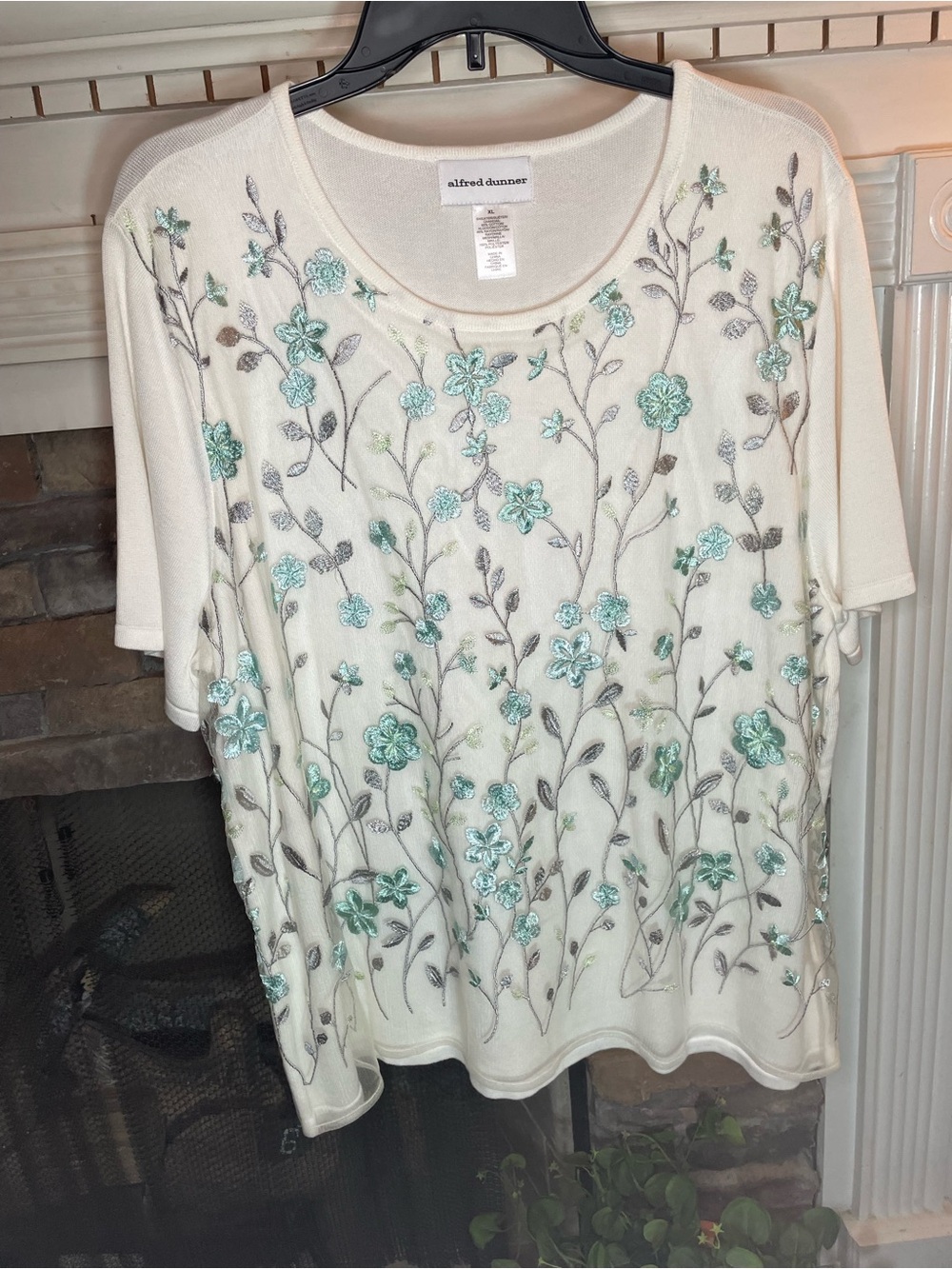 Alfred Dunner Cream Short-Sleeve Floral Embroidered Top with Aqua Accents
